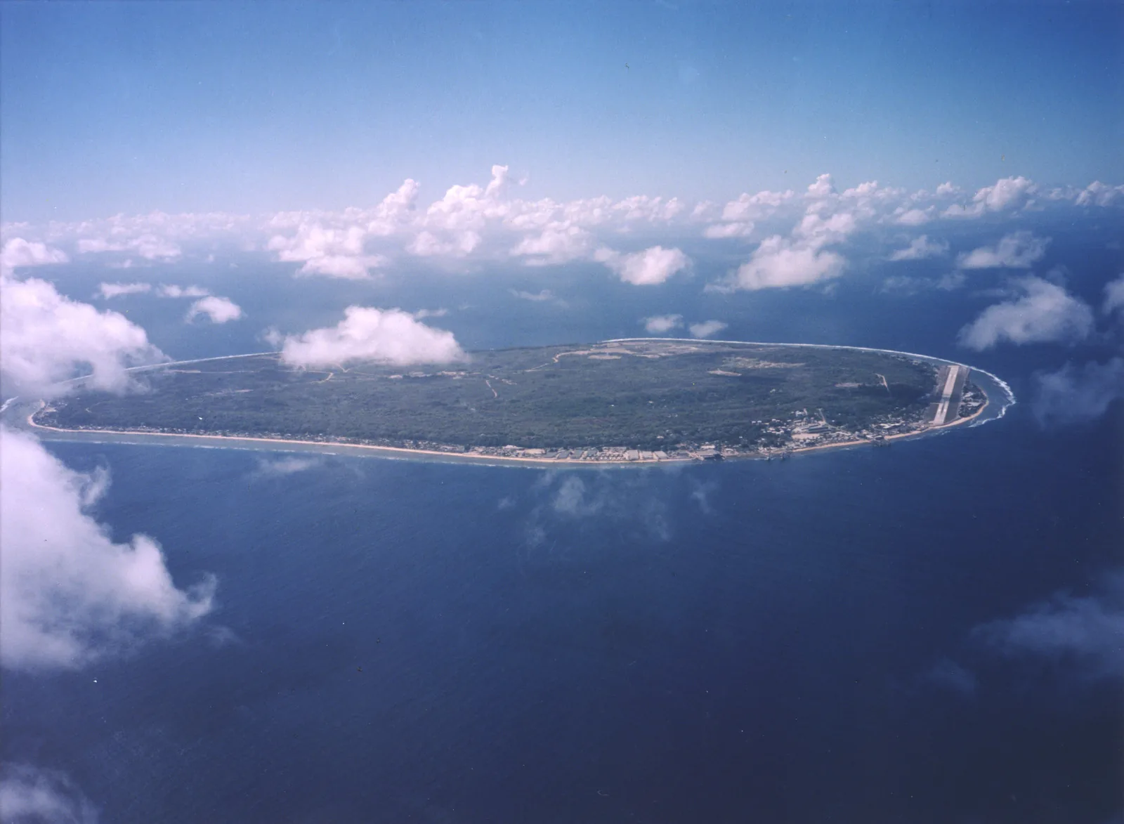 Nauru seen from the air: the whole oval island ringed by reef in the open Pacific
